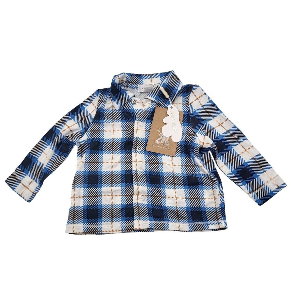 Angel Dear Baby 3-6M Plaid Shirt Blue White Long Sleeve Snap Button-Up